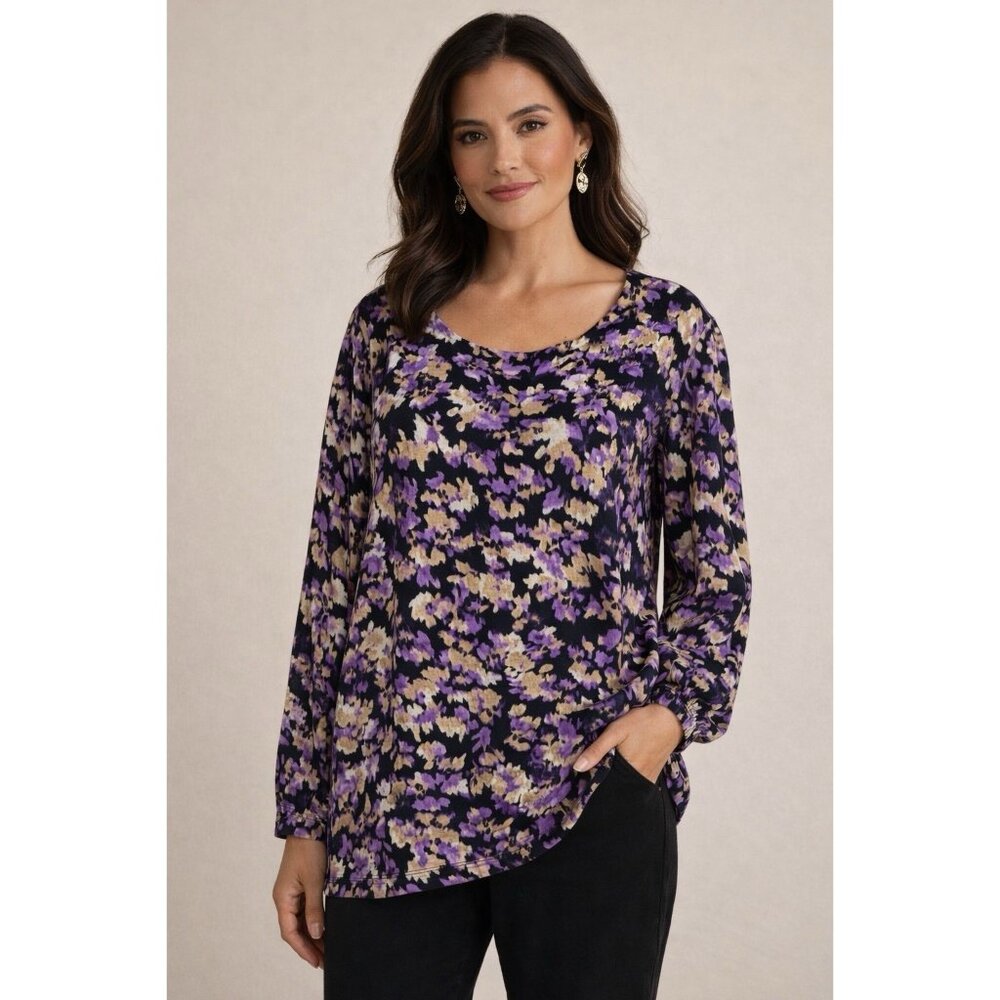 Chico's Women's Black/Purple Organza-Sleeve Blouse Top Sz L Party Casual Boho